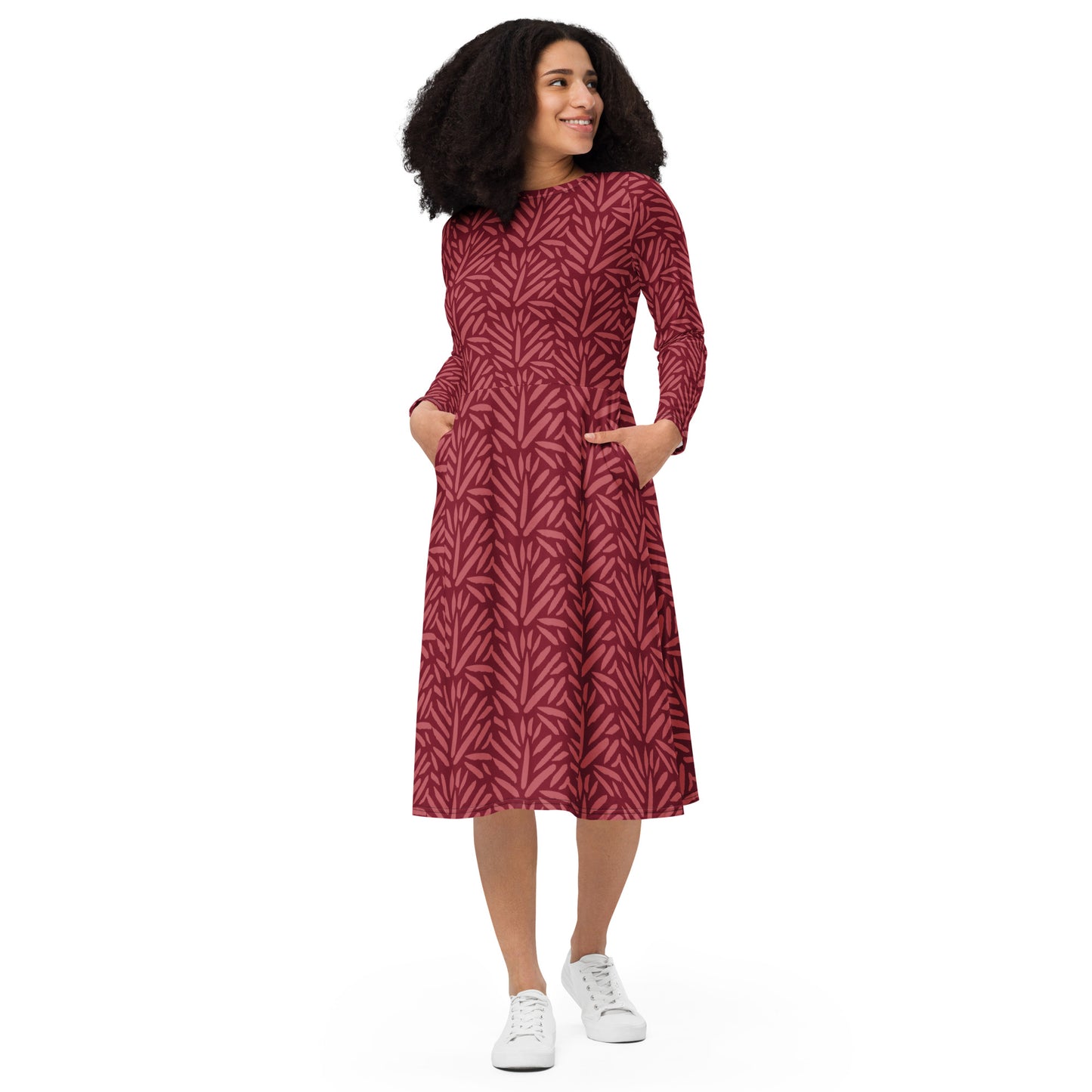 XPOLOX Red BrushStroke long sleeve midi dress