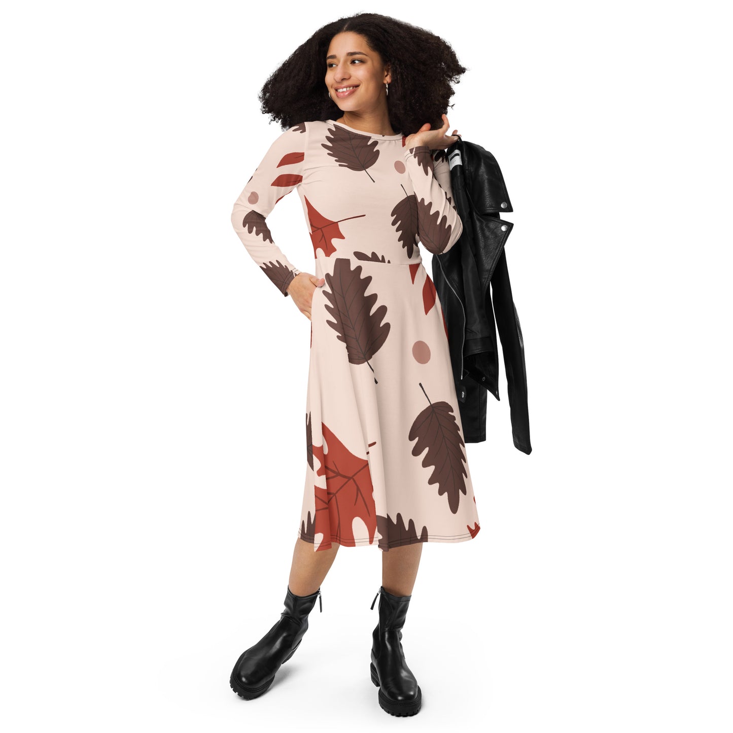 XPOLOX Brown Leafy  sleeve midi dress