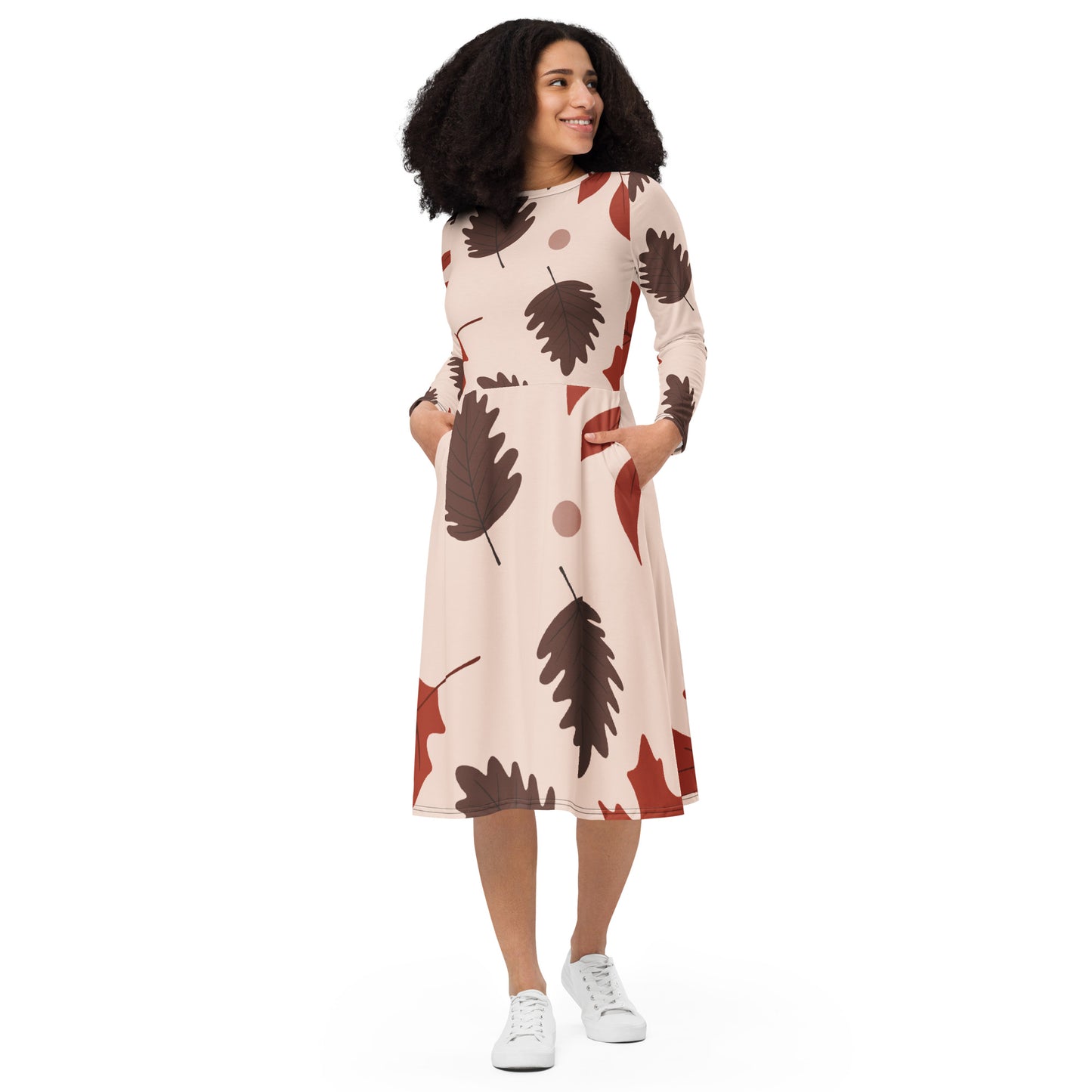 XPOLOX Brown Leafy  sleeve midi dress