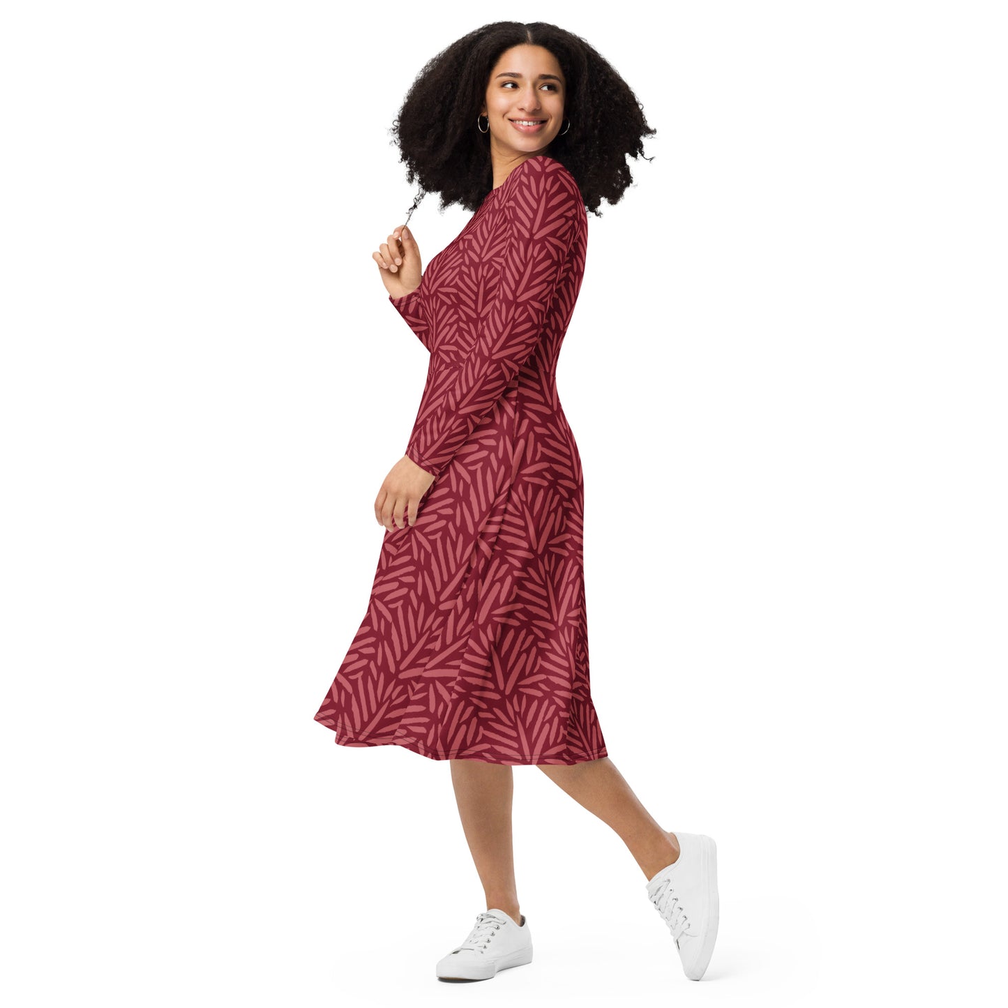 XPOLOX Red BrushStroke long sleeve midi dress