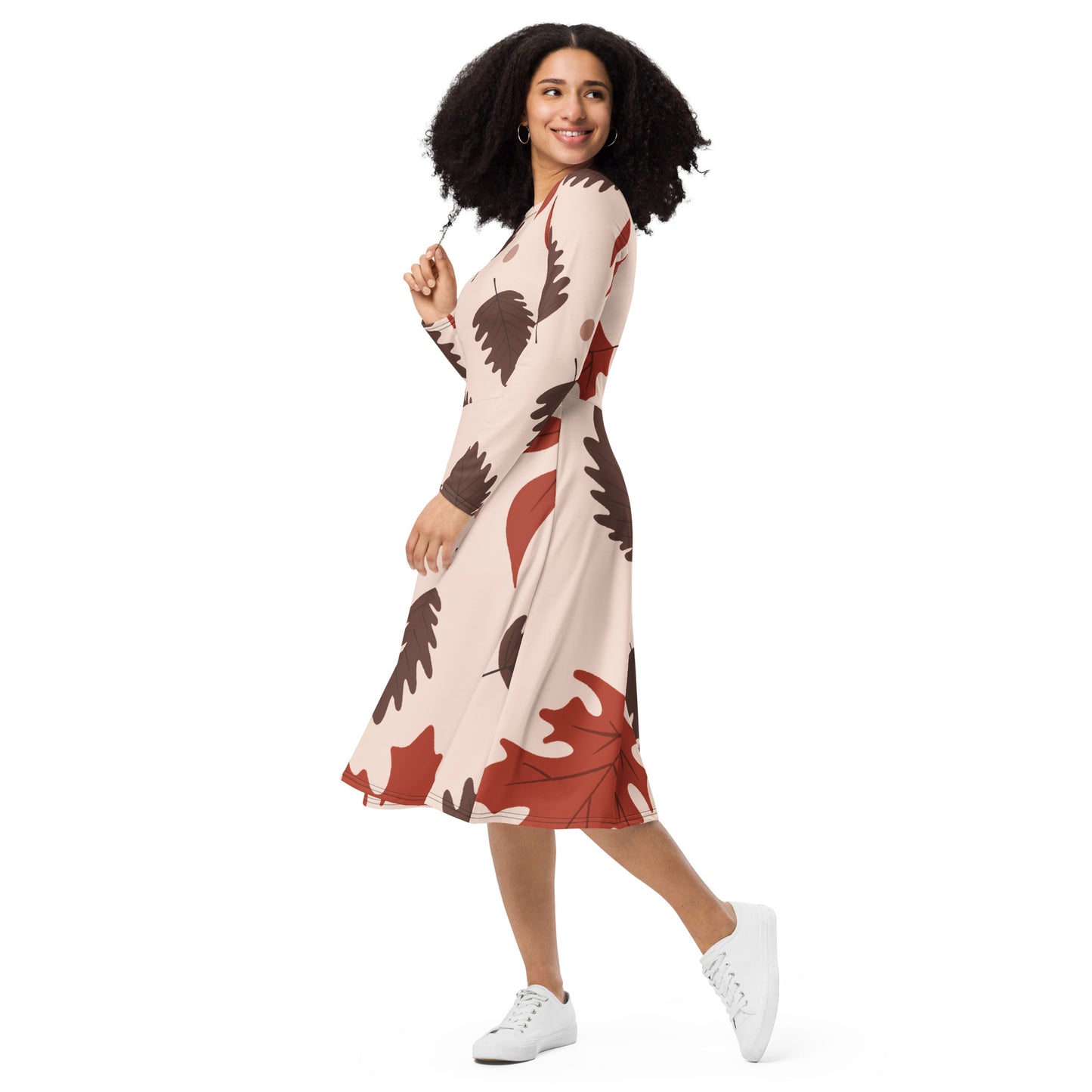 XPOLOX Brown Leafy  sleeve midi dress