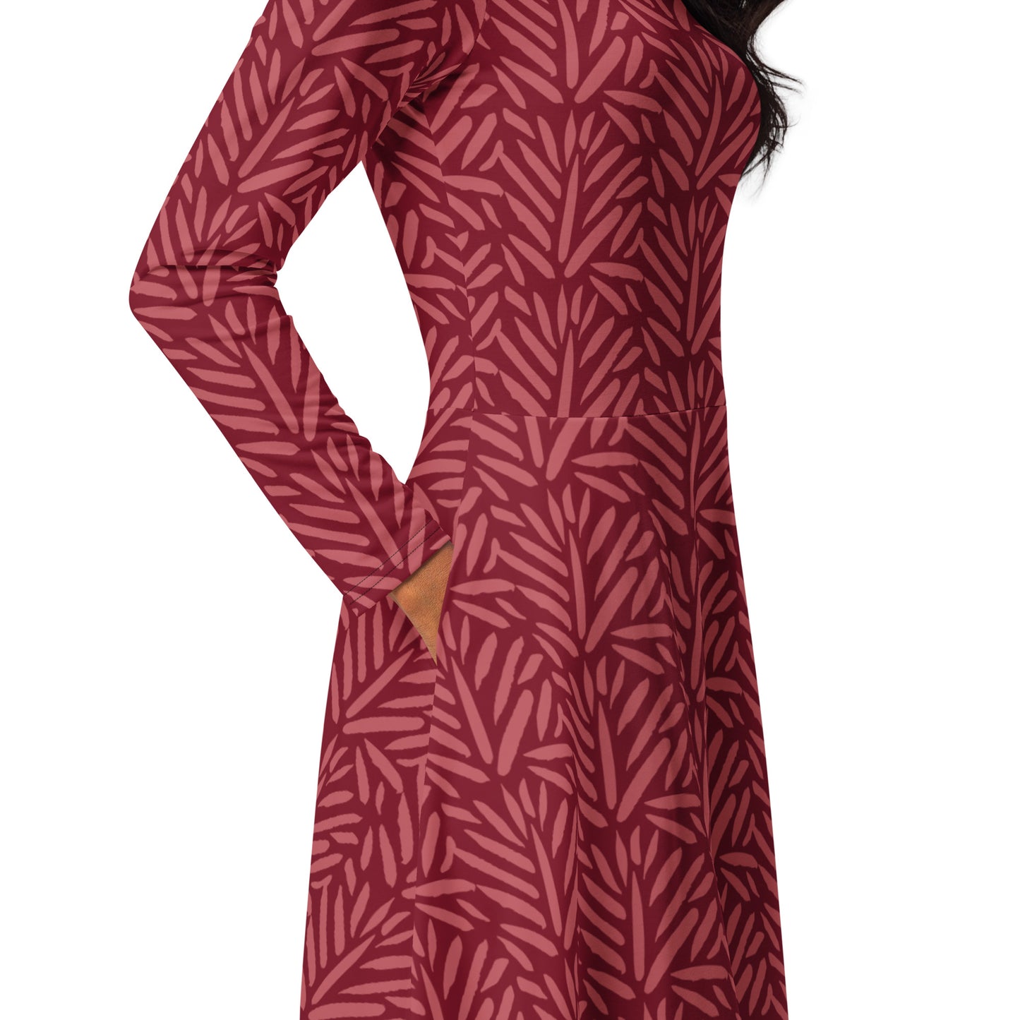 XPOLOX Red BrushStroke long sleeve midi dress