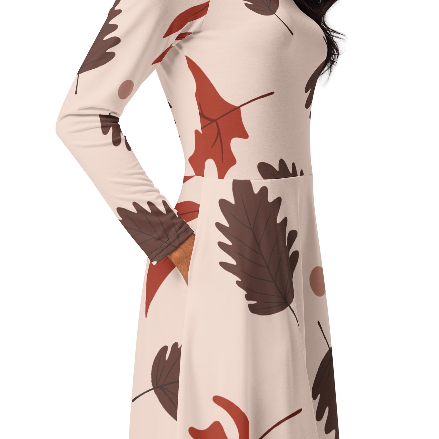 XPOLOX Brown Leafy  sleeve midi dress