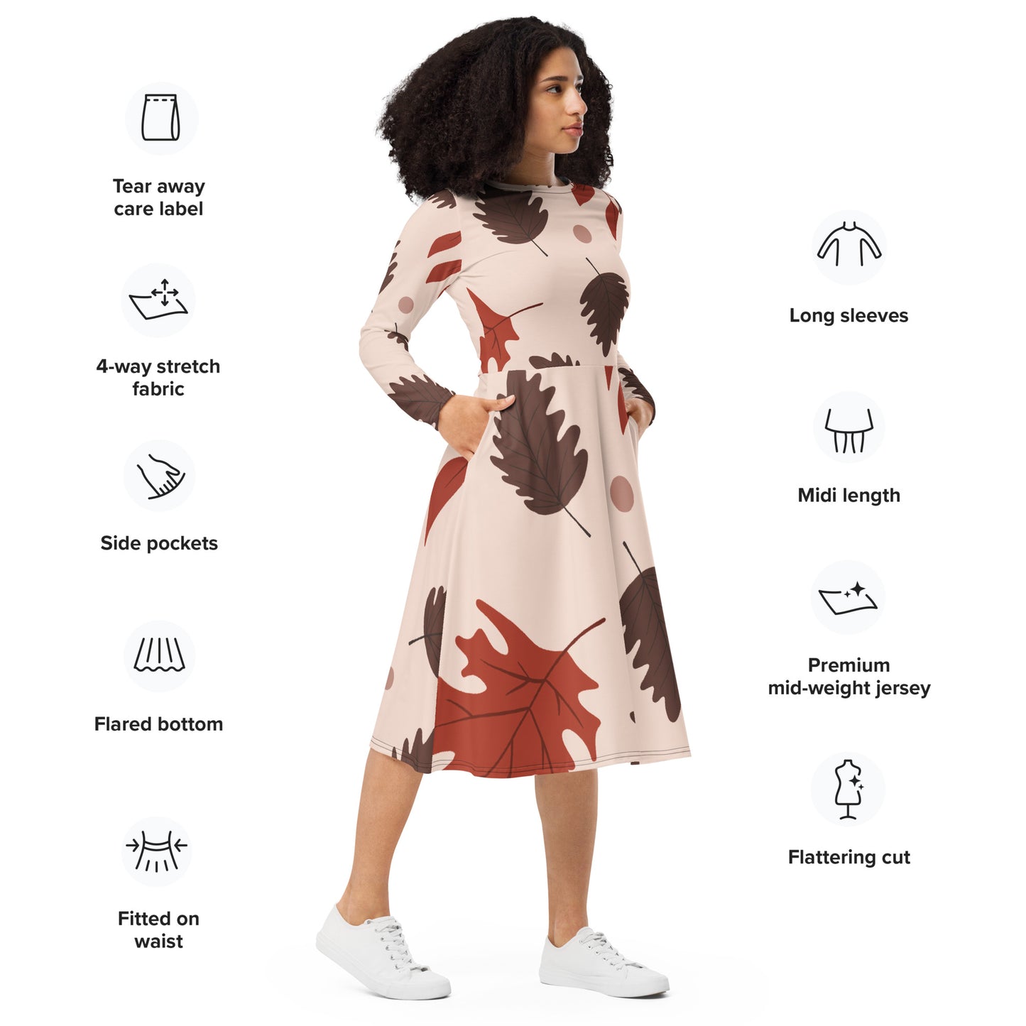 XPOLOX Brown Leafy  sleeve midi dress