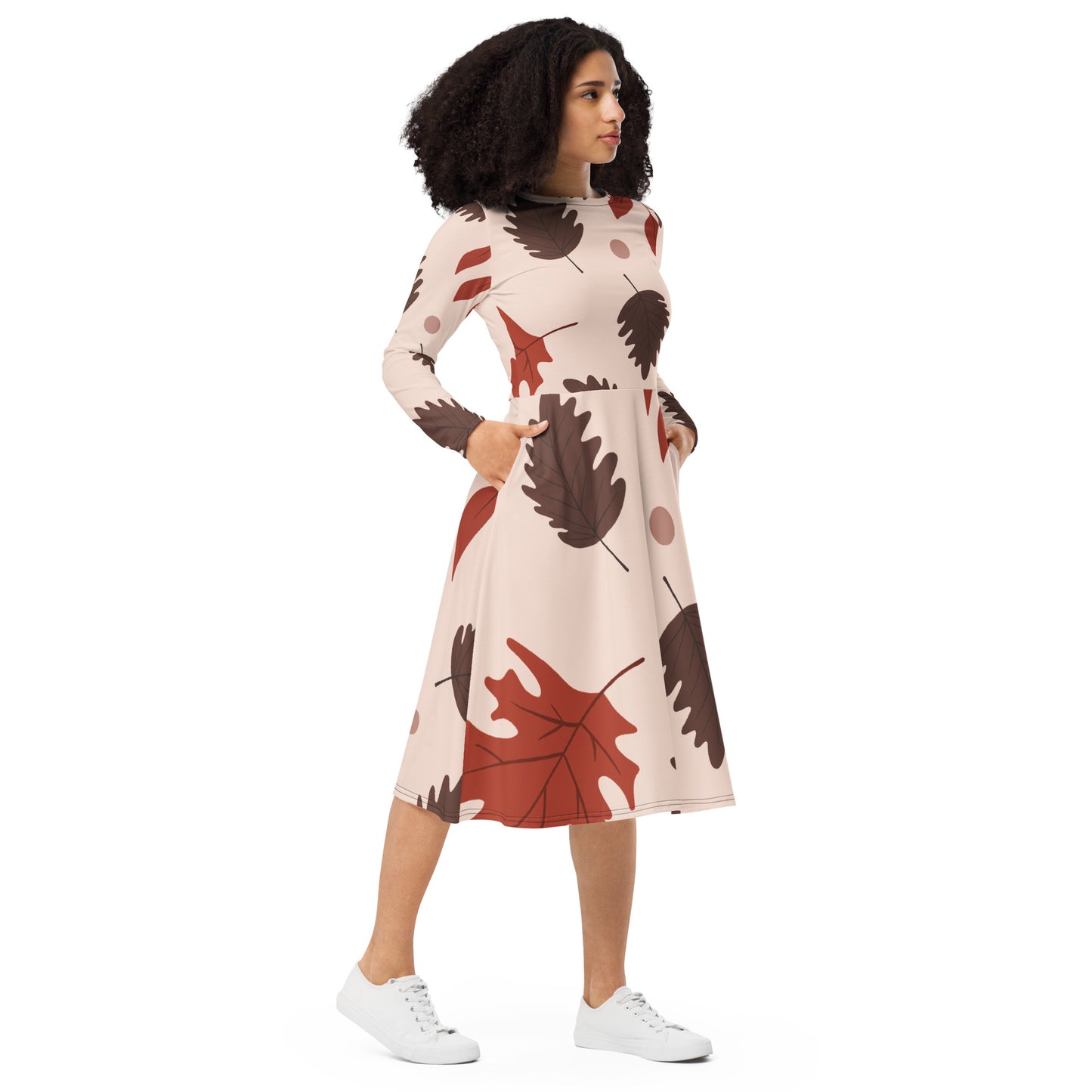 XPOLOX Brown Leafy  sleeve midi dress