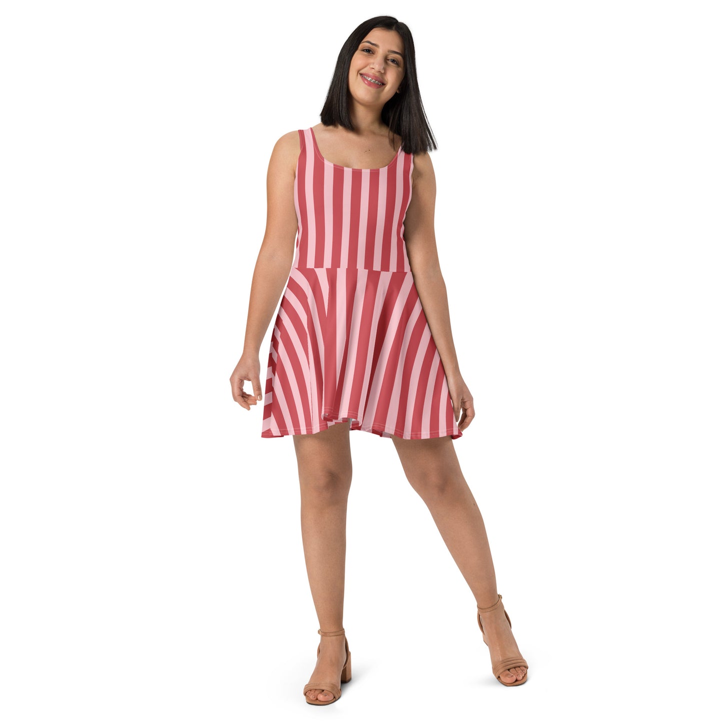 XPOLOX  Red Vertical Stripes Skater Dress