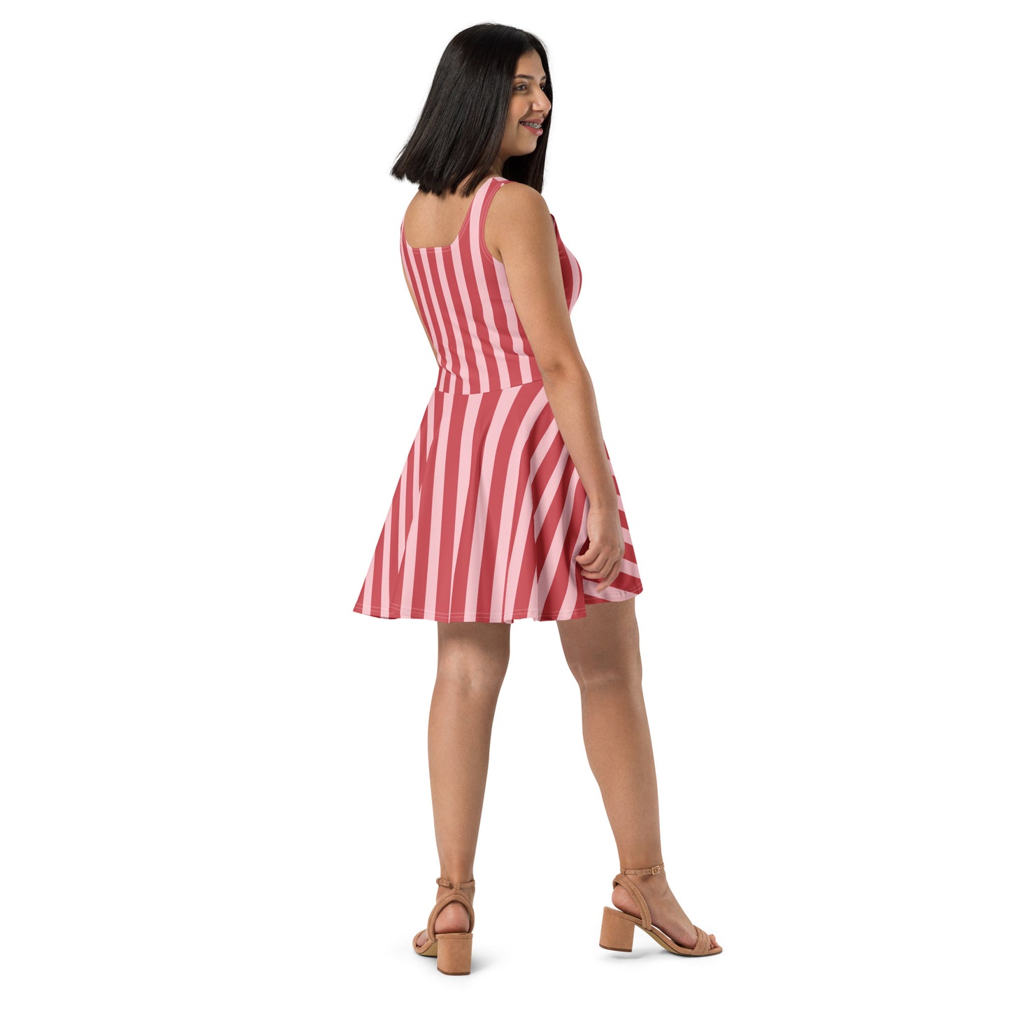 XPOLOX  Red Vertical Stripes Skater Dress