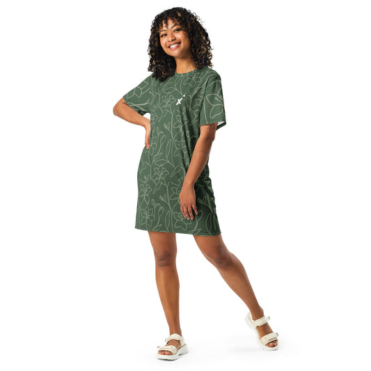 XPOLOX Green Floral Elegant T-shirt dress